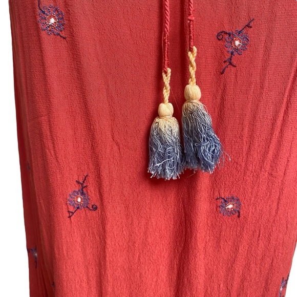 Ann Taylor LOFT Embroidered Brick Red Dress Medium | Boho Tassel Tie Sleeveless - Picture 3 of 13